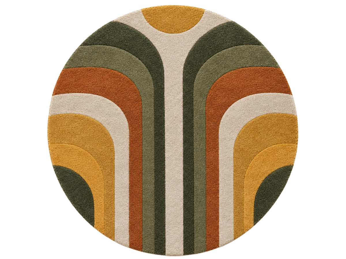 Olive Green Mustard Retro Arch Hand-Tufted Wool Rug