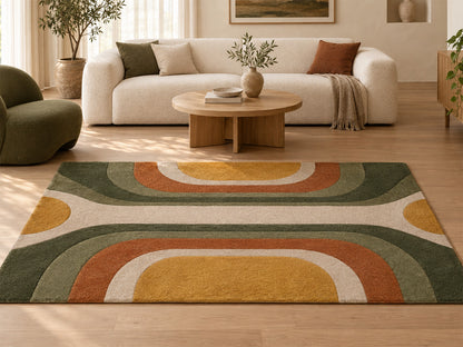 Olive Green Mustard Retro Arch Hand-Tufted Wool Rug