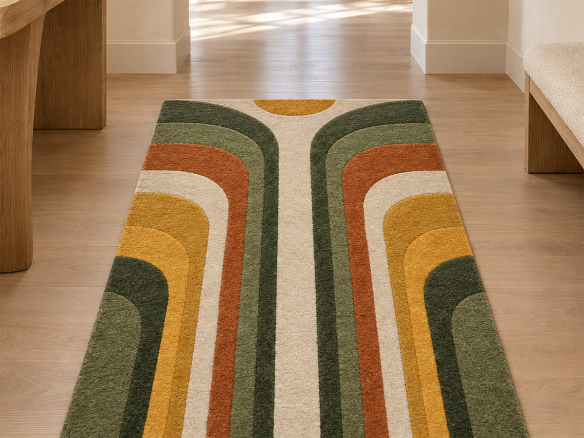 Olive Green Mustard Retro Arch Hand-Tufted Wool Rug