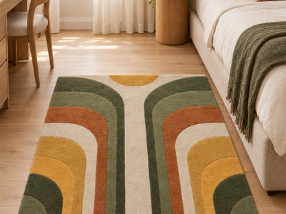 Olive Green Mustard Retro Arch Hand-Tufted Wool Rug