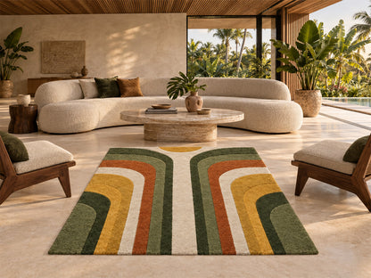 Olive Green Mustard Retro Arch Hand-Tufted Wool Rug