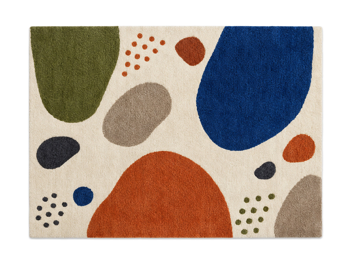 Ivory Abstract Pebble Hand-Tufted Wool Rug | Blue & Burnt Orange