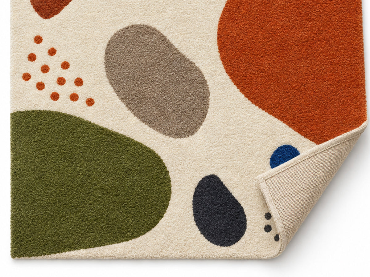 Ivory Abstract Pebble Hand-Tufted Wool Rug | Blue & Burnt Orange