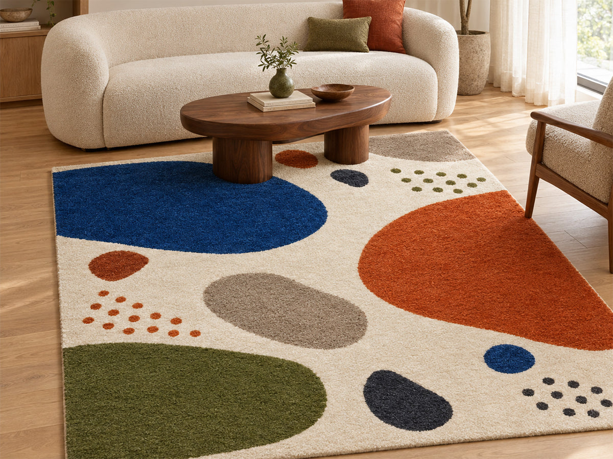 Ivory Abstract Pebble Hand-Tufted Wool Rug | Blue & Burnt Orange