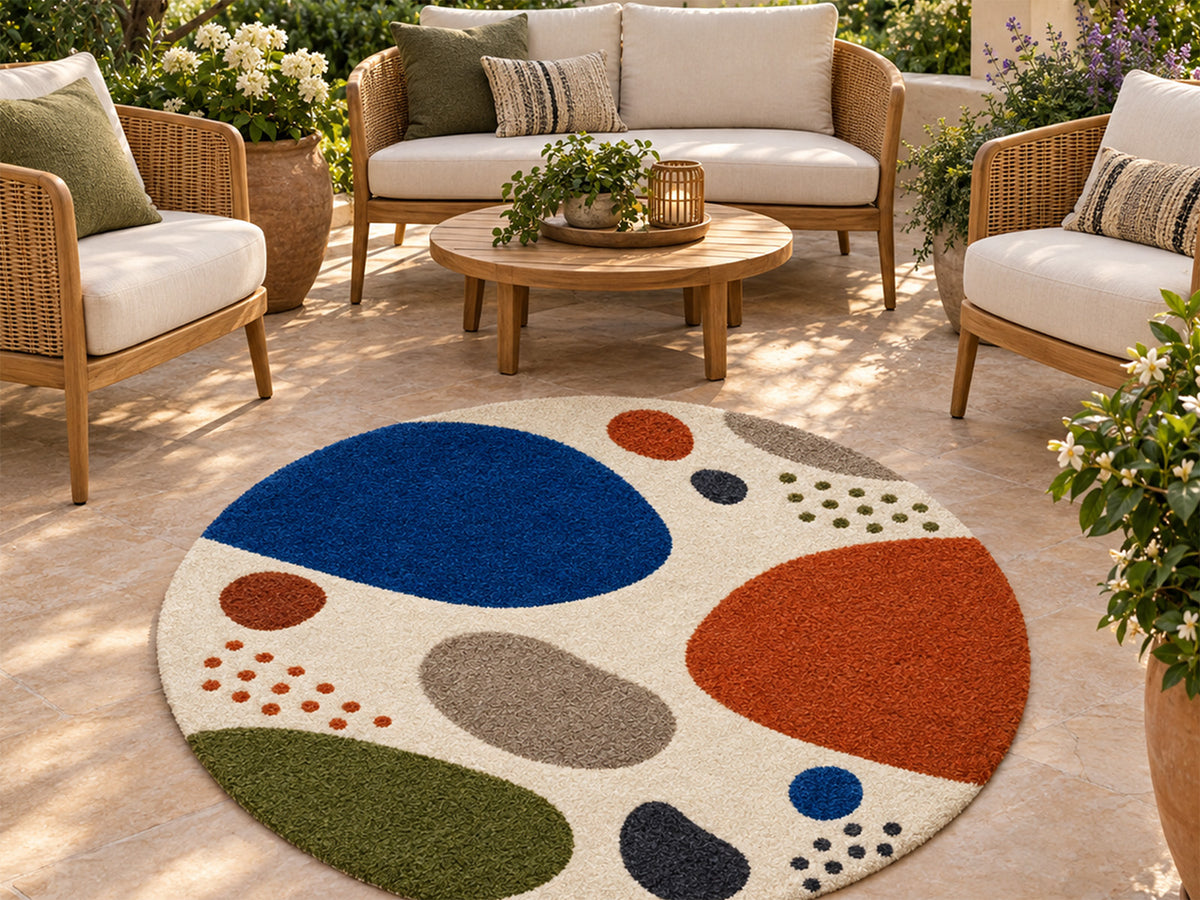 Ivory Abstract Pebble Hand-Tufted Wool Rug | Blue & Burnt Orange
