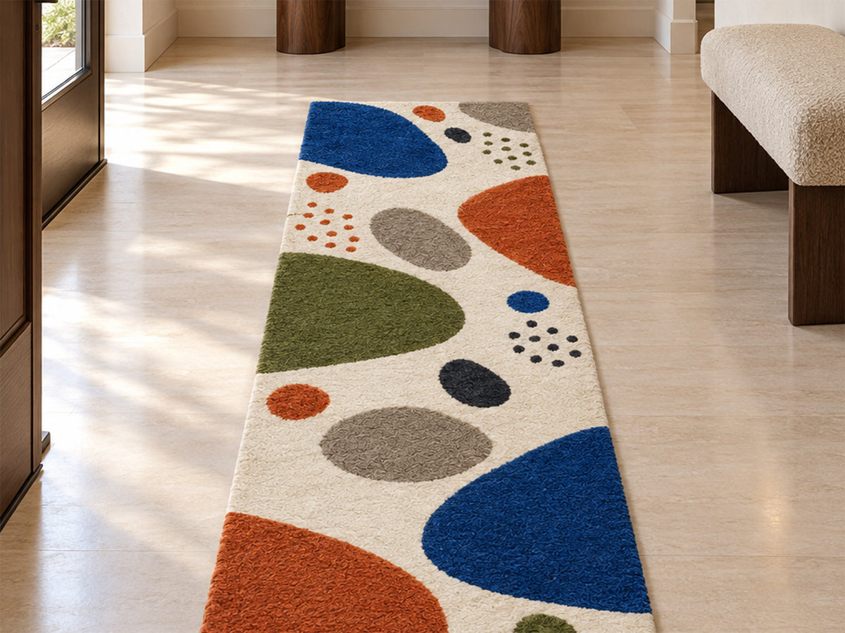 Ivory Abstract Pebble Hand-Tufted Wool Rug | Blue & Burnt Orange