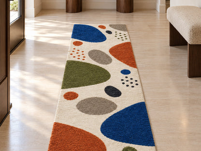 Ivory Abstract Pebble Hand-Tufted Wool Rug | Blue & Burnt Orange