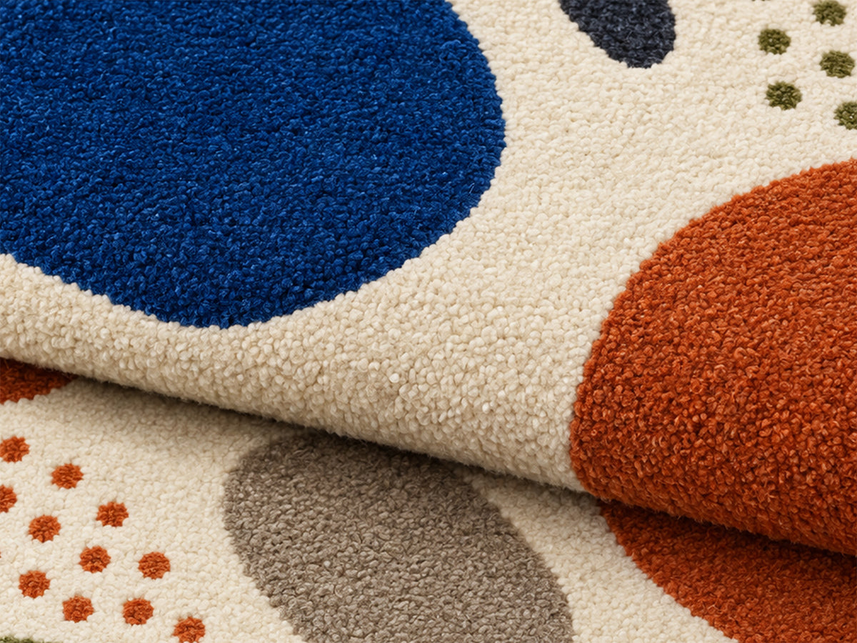 Ivory Abstract Pebble Hand-Tufted Wool Rug | Blue & Burnt Orange