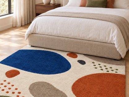 Ivory Abstract Pebble Hand-Tufted Wool Rug | Blue & Burnt Orange