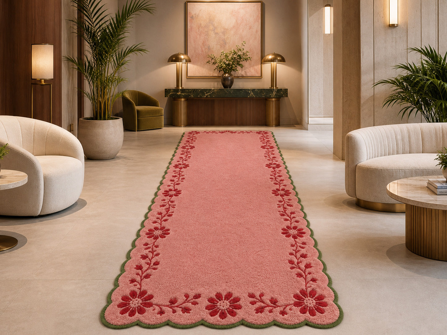 Hand Tufted Pink Floral Rug | Scalloped Wool Area Rug | Cottagecore Home Decor