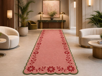 Hand Tufted Pink Floral Rug | Scalloped Wool Area Rug | Cottagecore Home Decor