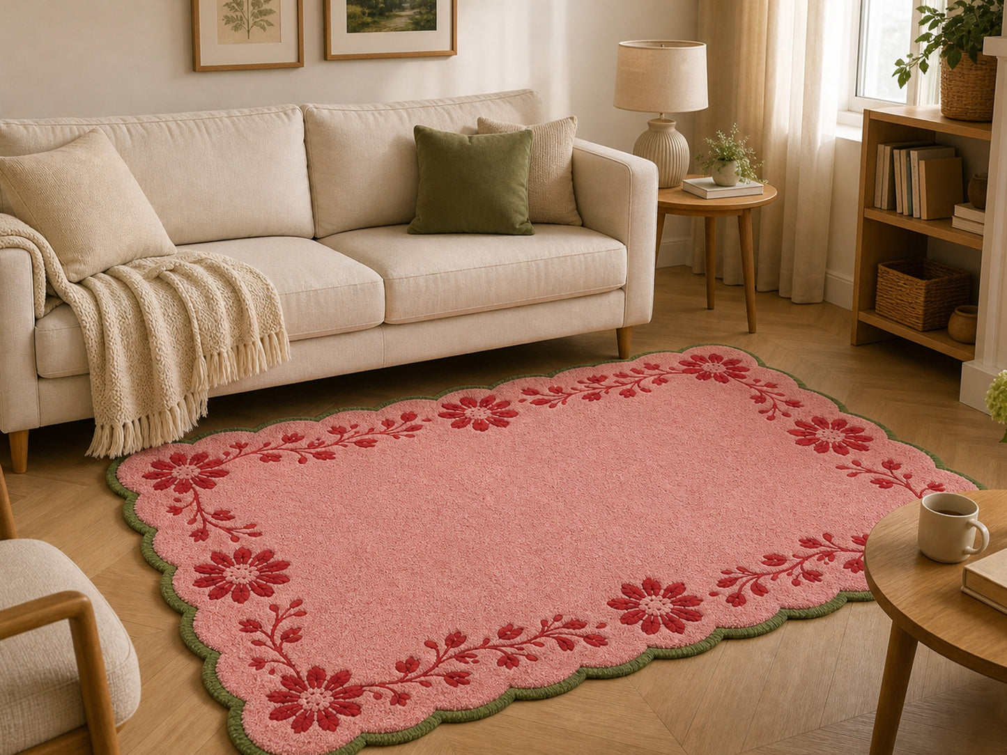 Hand Tufted Pink Floral Rug | Scalloped Wool Area Rug | Cottagecore Home Decor