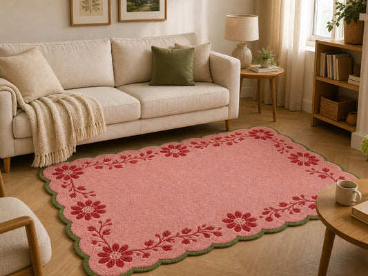 Hand Tufted Pink Floral Rug | Scalloped Wool Area Rug | Cottagecore Home Decor