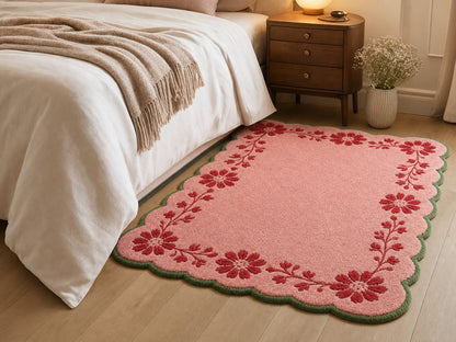 Hand Tufted Pink Floral Rug | Scalloped Wool Area Rug | Cottagecore Home Decor