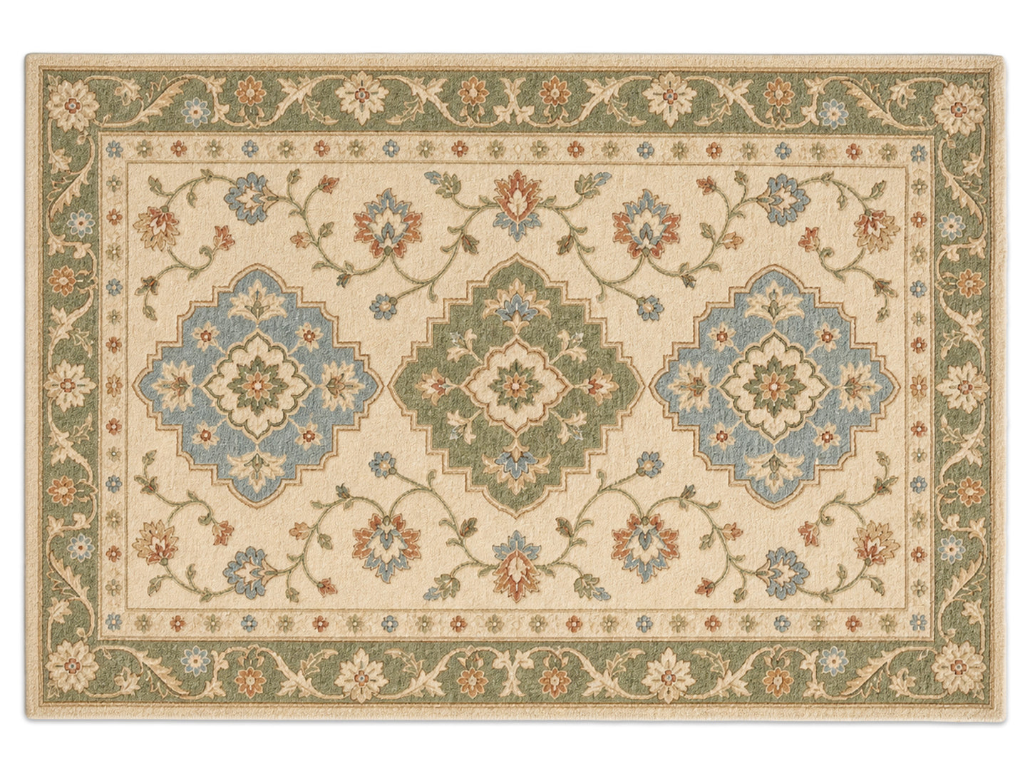 Hand Tufted Wool Rug |Ivory & Sage Green | Traditional Floral Medallion Area Rug