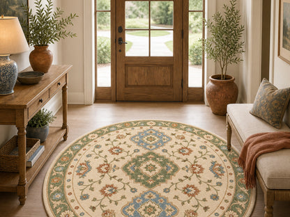 Hand Tufted Wool Rug |Ivory & Sage Green | Traditional Floral Medallion Area Rug