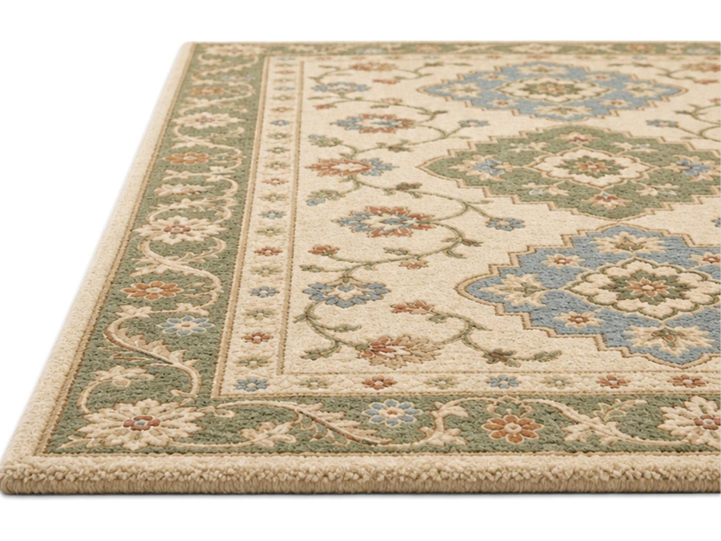 Hand Tufted Wool Rug |Ivory & Sage Green | Traditional Floral Medallion Area Rug