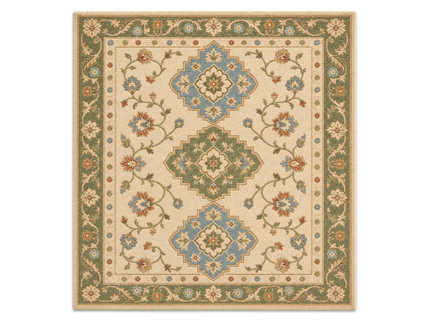 Hand Tufted Wool Rug |Ivory & Sage Green | Traditional Floral Medallion Area Rug