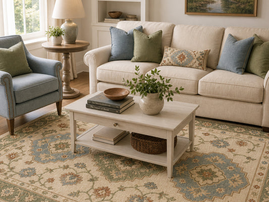 Hand Tufted Wool Rug |Ivory & Sage Green | Traditional Floral Medallion Area Rug