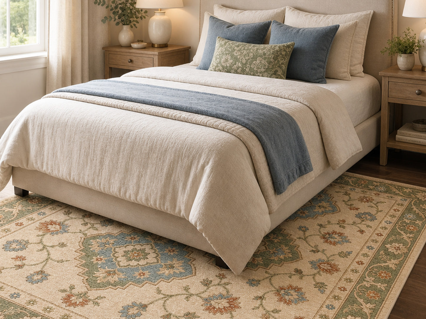 Hand Tufted Wool Rug |Ivory & Sage Green | Traditional Floral Medallion Area Rug