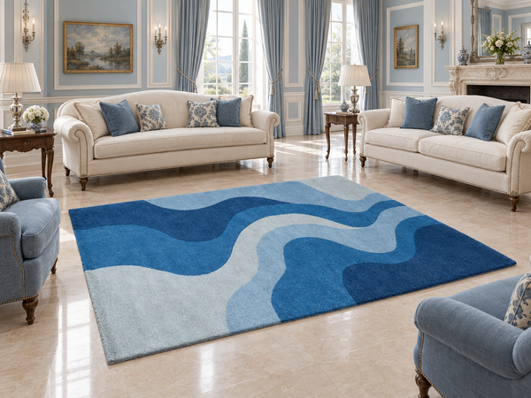 Hand Tufted Wool Abstract Wave Rug 5x8| Modern Blue Area Rug | Navy Ivory Carpet