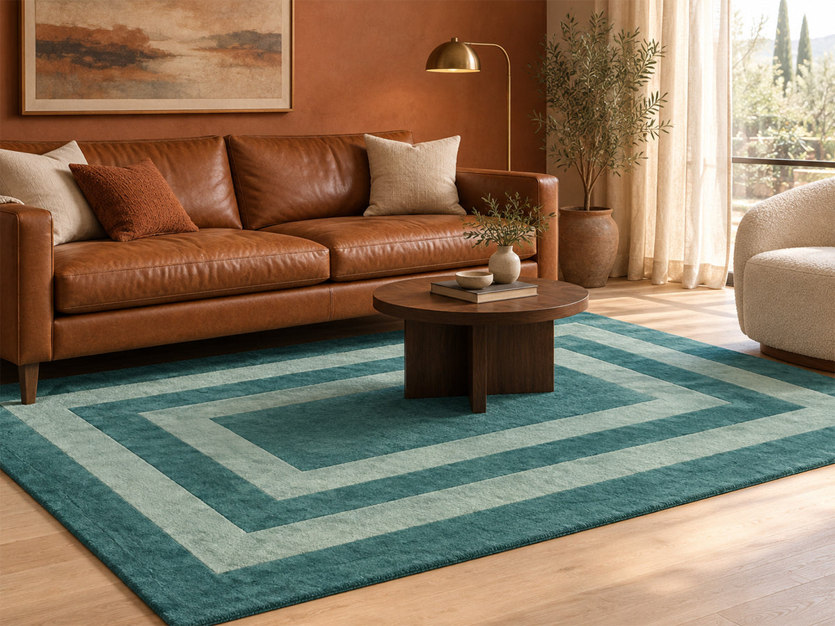 Handmade Modern Rug | Border Design in Teal Green
