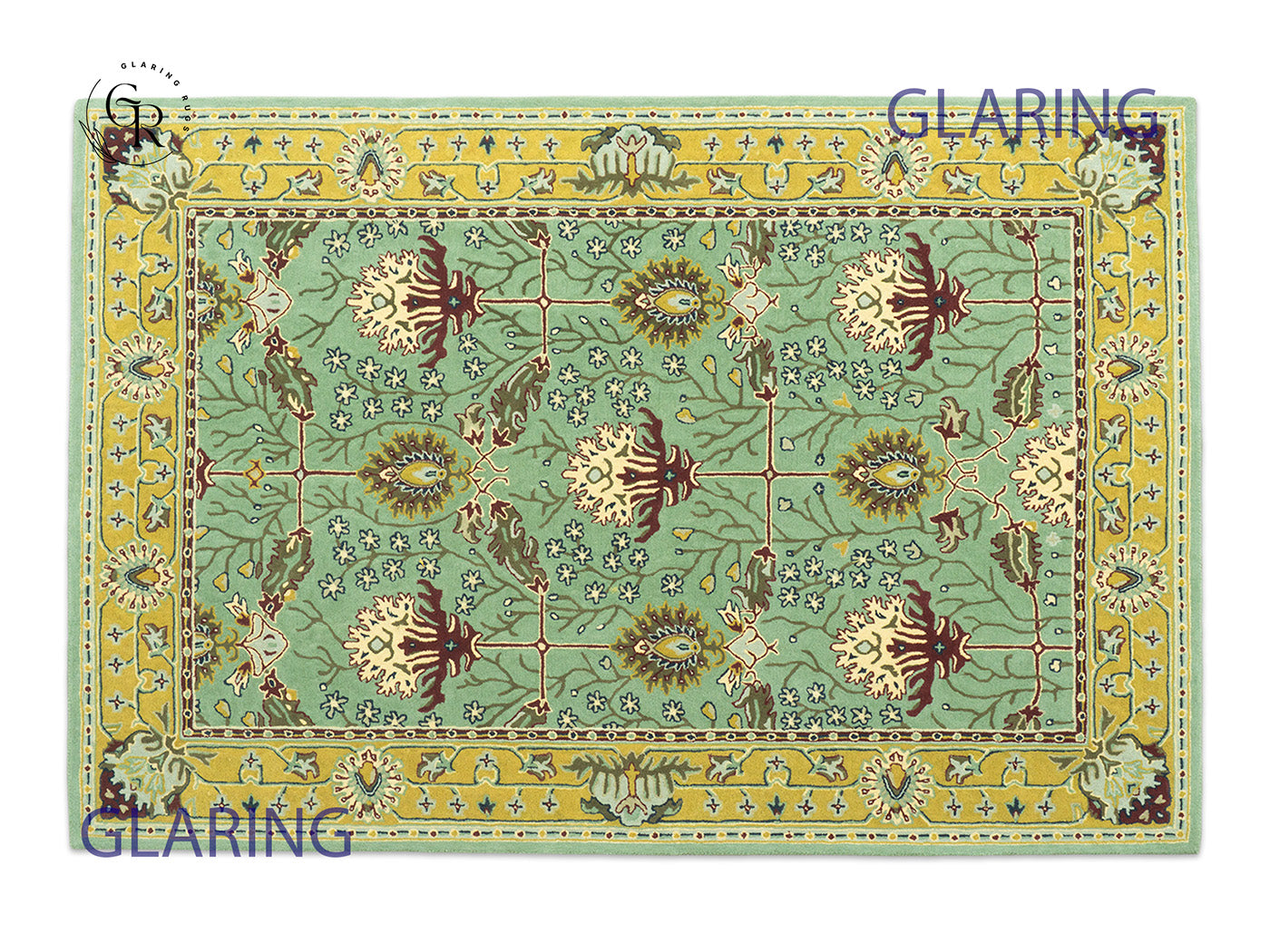 Handmade Wool Oushak Rug | Sage Green & Gold Floral Rug