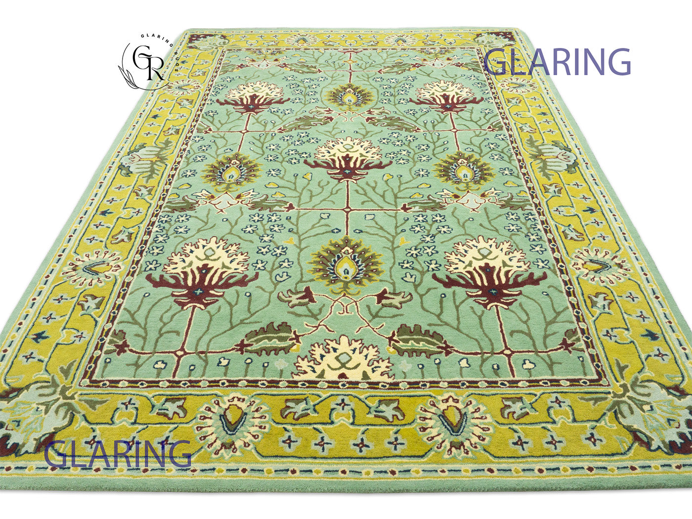 Handmade Wool Oushak Rug | Sage Green & Gold Floral Rug