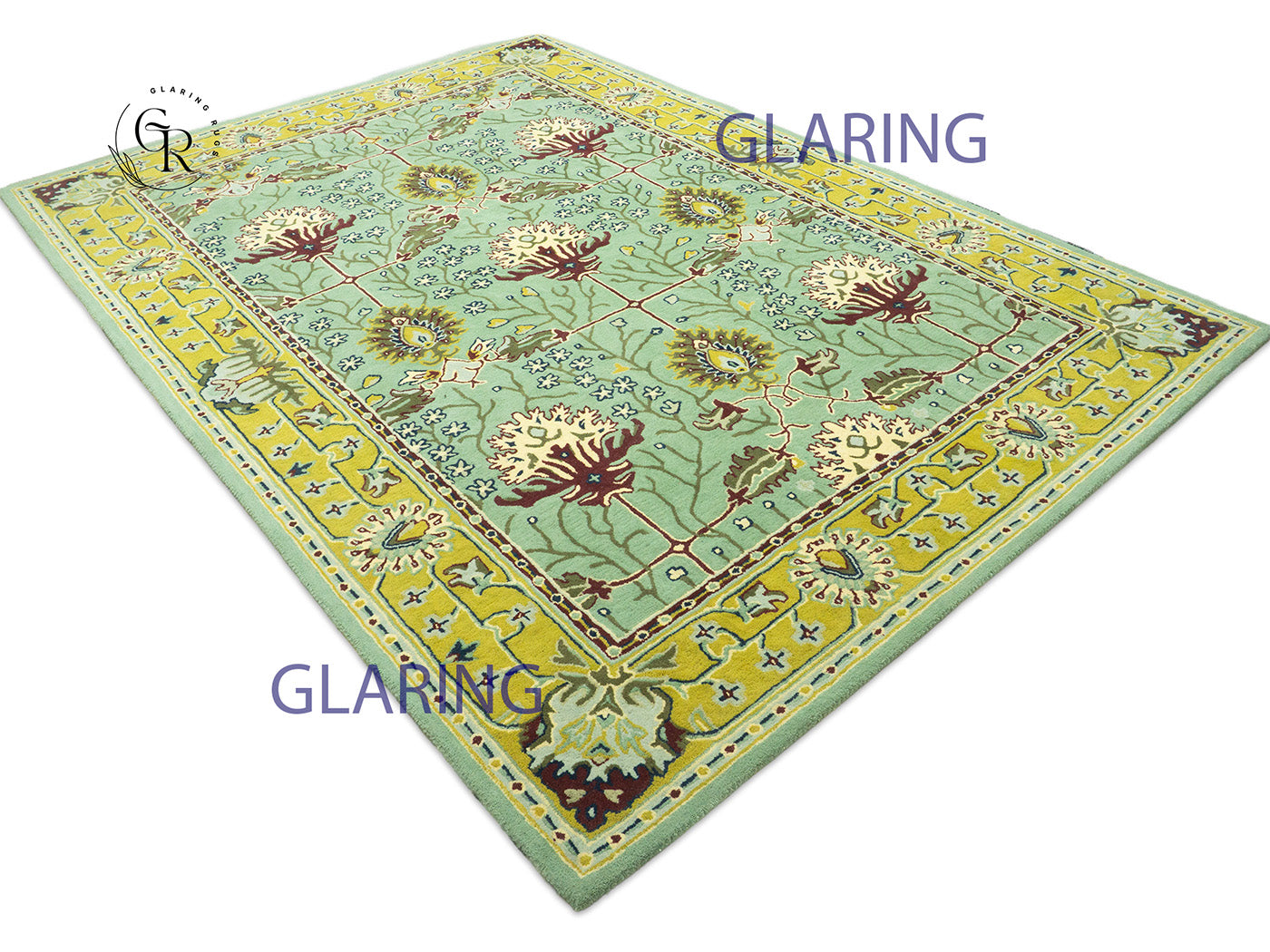 Handmade Wool Oushak Rug | Sage Green & Gold Floral Rug
