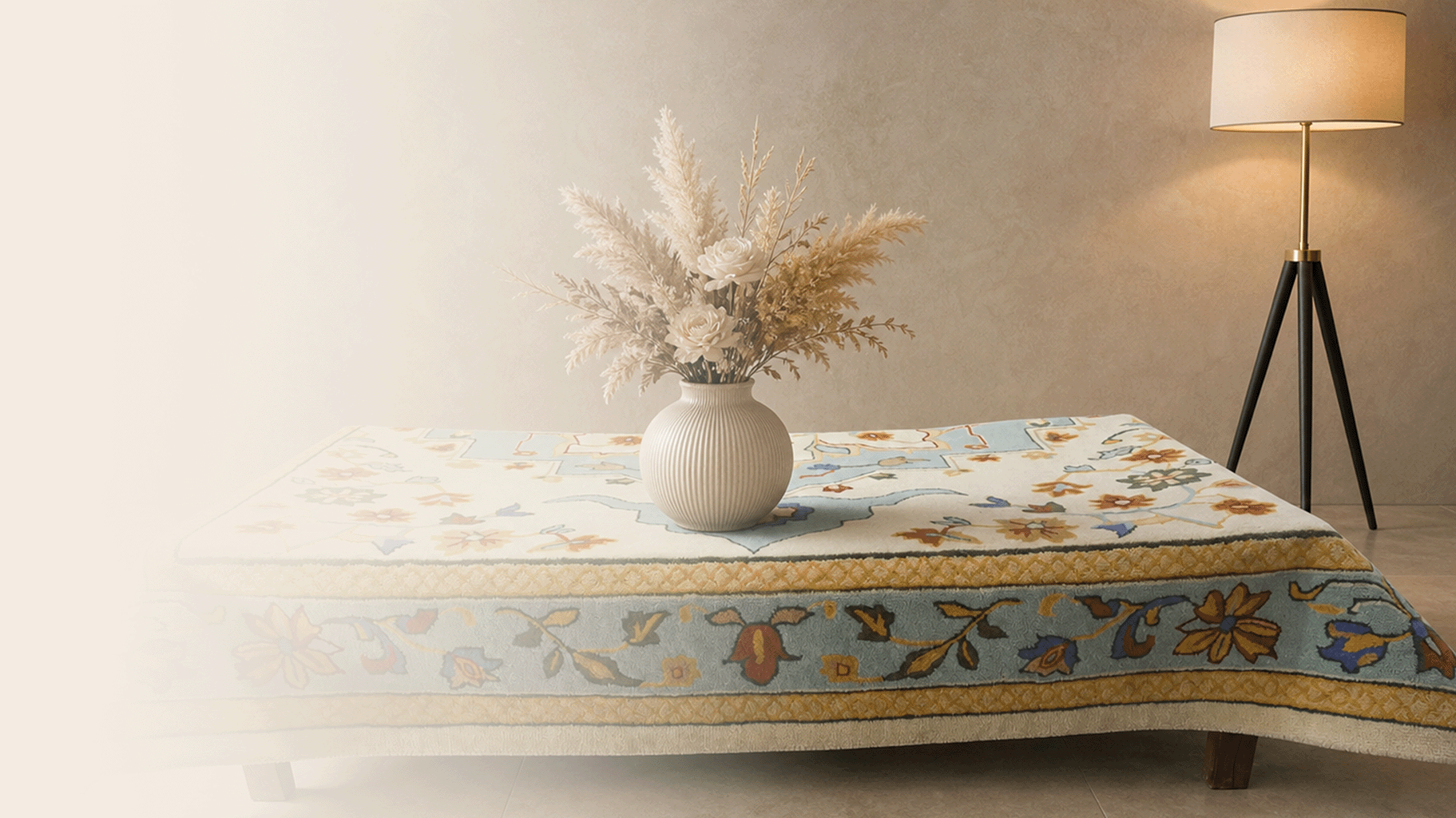 Hand-tufted wool rug styled in a warm neutral living room