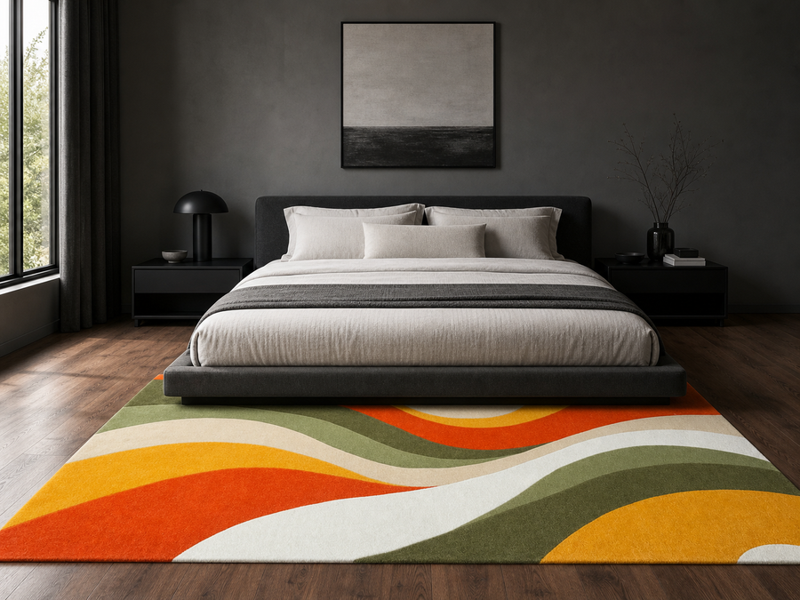 Handmade Abstract Olive Green & Burnt Orange Rug | Modern Mid-Century Wool Area Rug