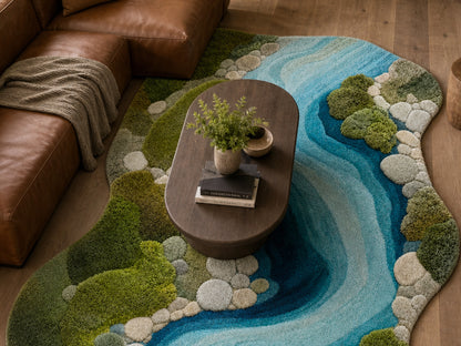 Handmade River Moss Rug | Organic Green & Blue Wool Area Rug