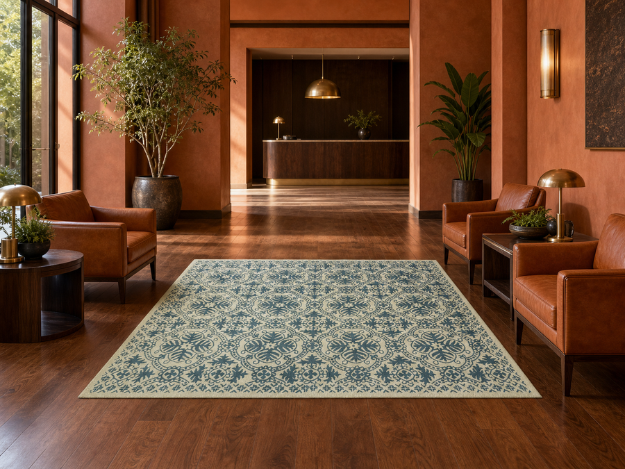Hand Tufted Wool Blue Ivory Trellis Rug 9x12 | Traditional Floral Area Rug