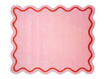 Hand Tufted Pink Scalloped Rug with Red Wavy Border
