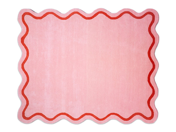 Hand Tufted Wool Rug | Pink with Red Wavy Border 8x10