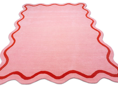 Hand Tufted Pink Scalloped Rug with Red Wavy Border