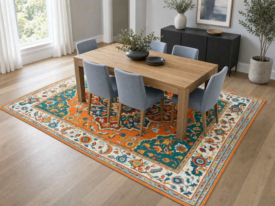 Hand Tufted Serapi Rug | Traditional Orange Blue Oriental Wool Area Rug