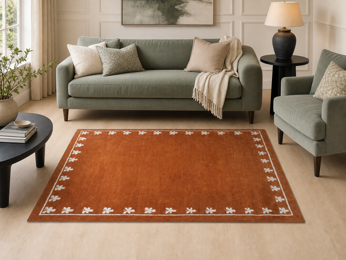Brown & Cream Floral Border Pattern Rug – Traditional Style