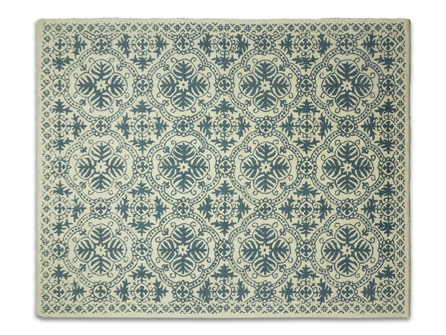 Hand Tufted Wool Blue Ivory Trellis Rug 9x12 | Traditional Floral Area Rug
