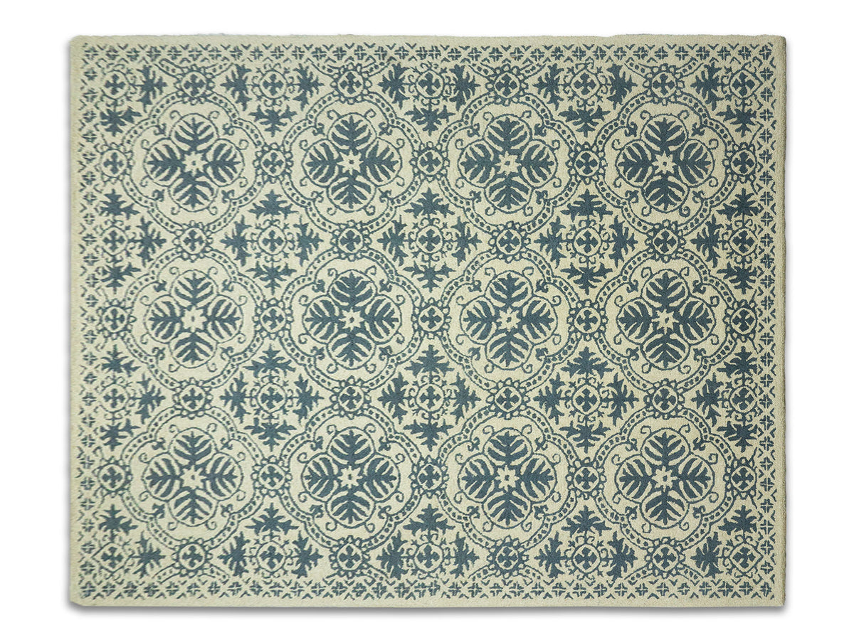 Hand Tufted Wool Blue Ivory Trellis Rug | Traditional Floral Area Rug