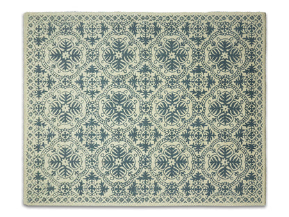 Hand Tufted Wool Blue Ivory Trellis Rug 9x12 | Traditional Floral Area Rug