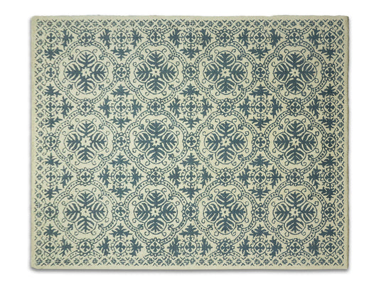 Hand Tufted Wool Blue Ivory Trellis Rug 9x12 | Traditional Floral Area Rug