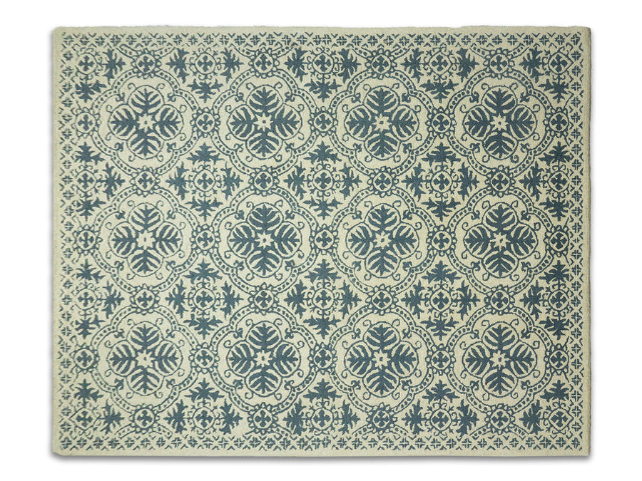 Hand Tufted Wool Blue Ivory Trellis Rug 9x12 | Traditional Floral Area Rug