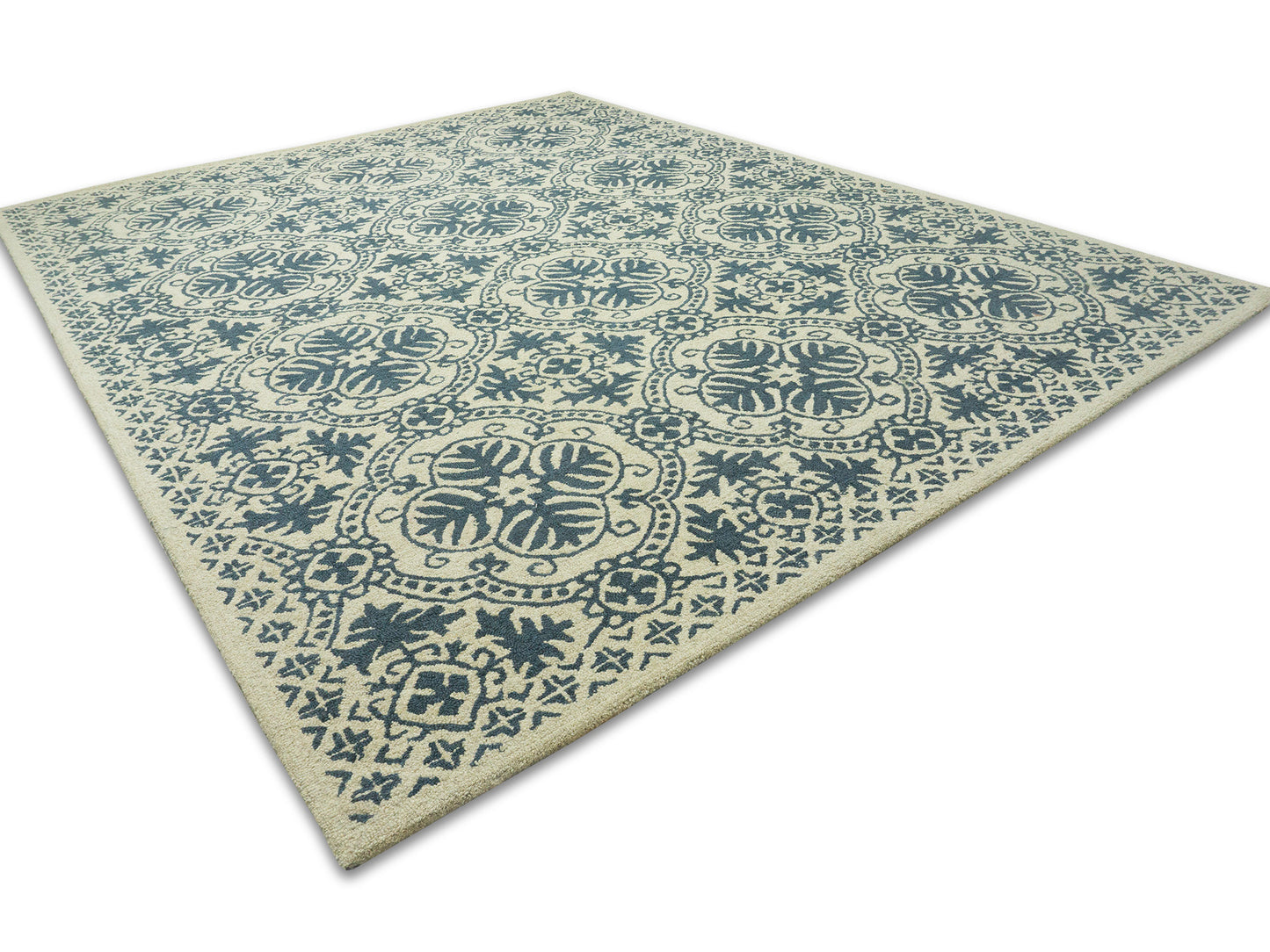 Hand Tufted Wool Blue Ivory Trellis Rug 9x12 | Traditional Floral Area Rug