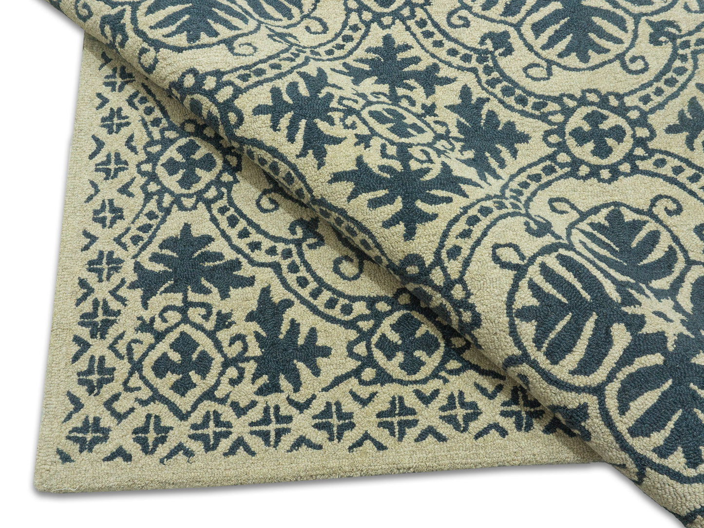 Hand Tufted Wool Blue Ivory Trellis Rug 9x12 | Traditional Floral Area Rug