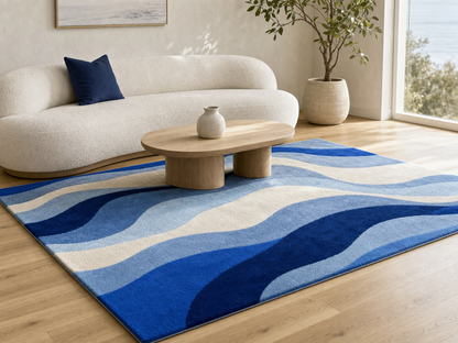 Hand Tufted Wool Abstract Wave Rug 5x8| Modern Blue Area Rug | Navy Ivory Carpet