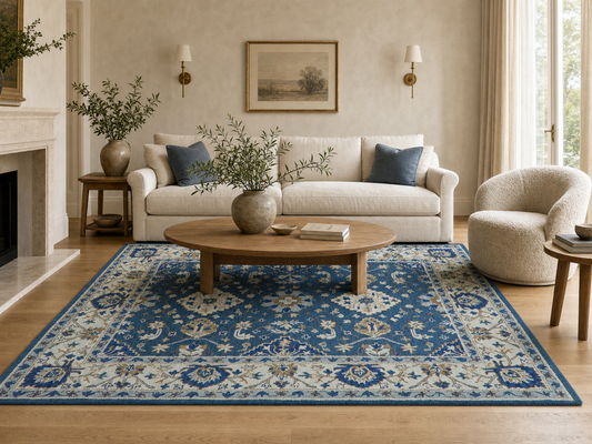Handmade Blue Floral Oriental Rug with Ivory Border | Traditional Wool Area Carpet