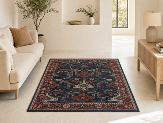 Handmade Persian Geometric Rug | Navy Blue & Rust Oriental Wool Rug