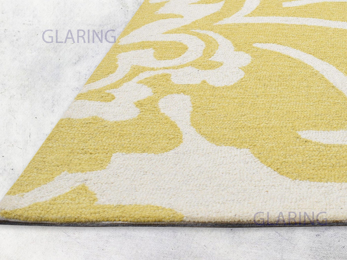 Contemporary Mustard Gold Wool Rug with Ivory Damask Design
