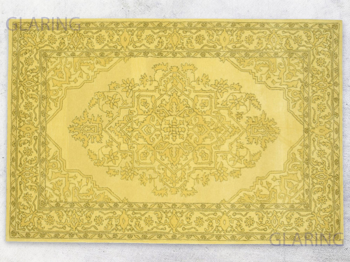 Handmade Gold and Ivory Persian Wool Area Rug with Traditional Medallion Pattern